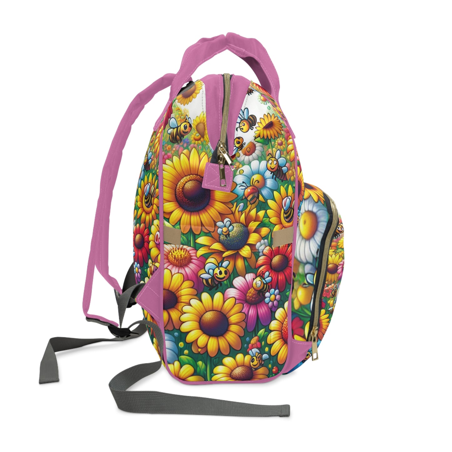 Multifunctional Diaper Backpack - SUNFLOWERS/BEES (pink)