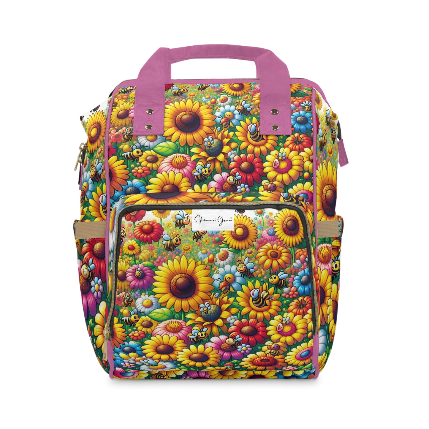 Multifunctional Diaper Backpack - SUNFLOWERS/BEES (pink)