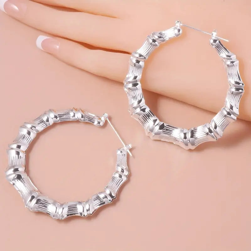 18K Gold Plated Bamboo Style Hoop Earrings - Silver Color
