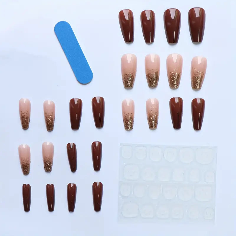24 Piece Press-On Nail Set - Stunning Brown Sparkle