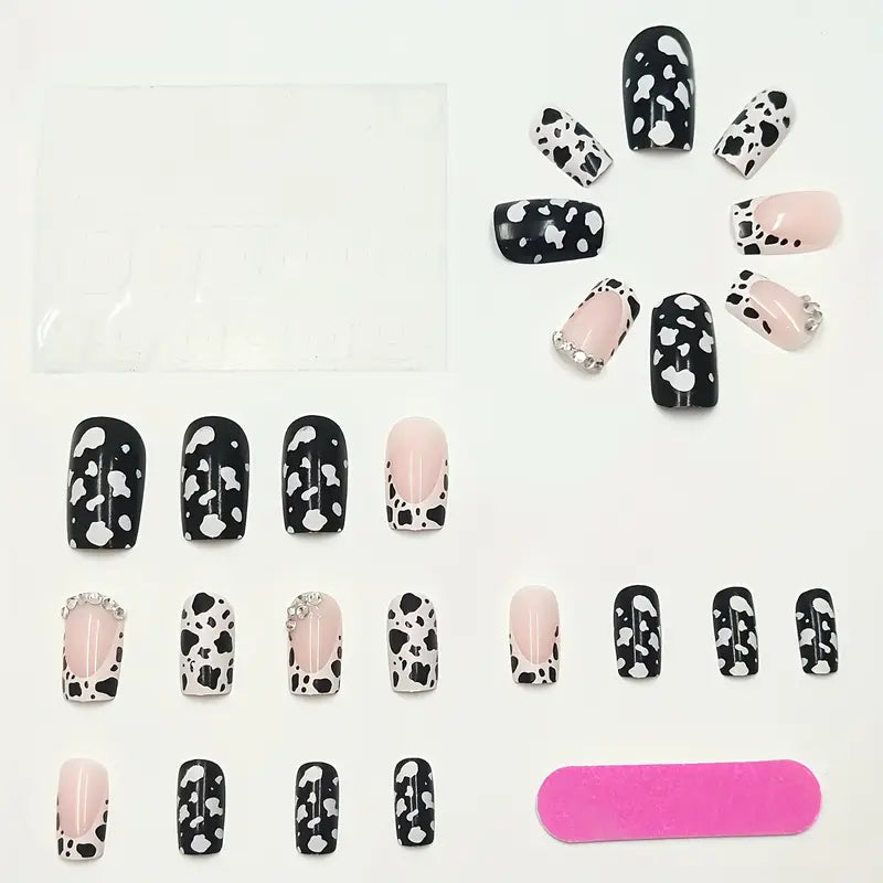 24 Piece Press-On Nail Set - Cow Print with Rhinestones