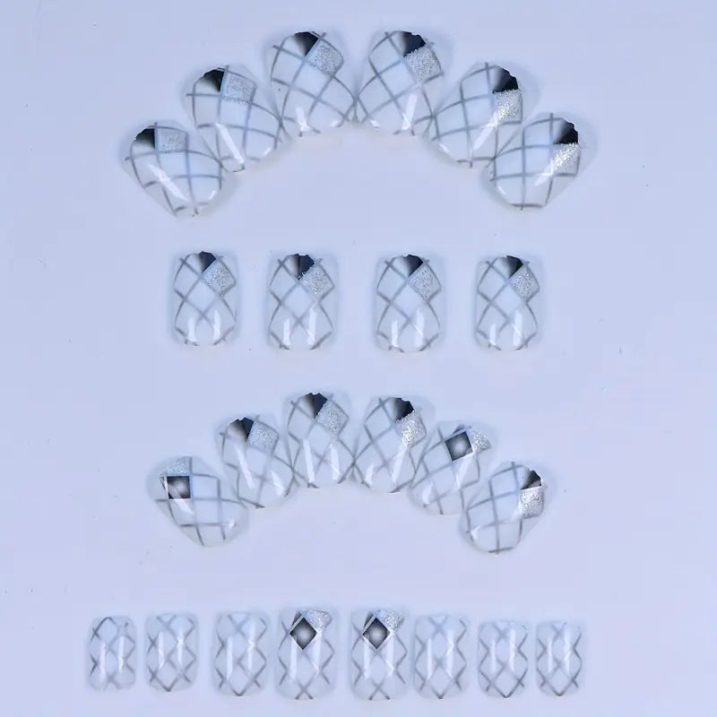 24 Piece Press-On Nail Set - Geometric Silvery Squares