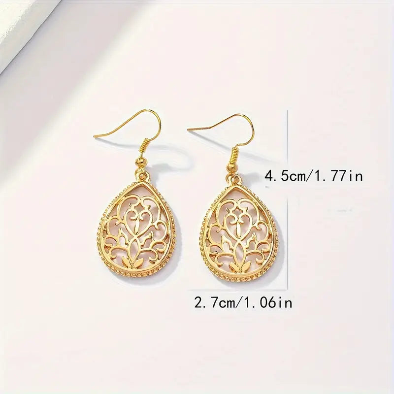 14K Gold Plated Flower Pattern Teardrop Dangle Earrings