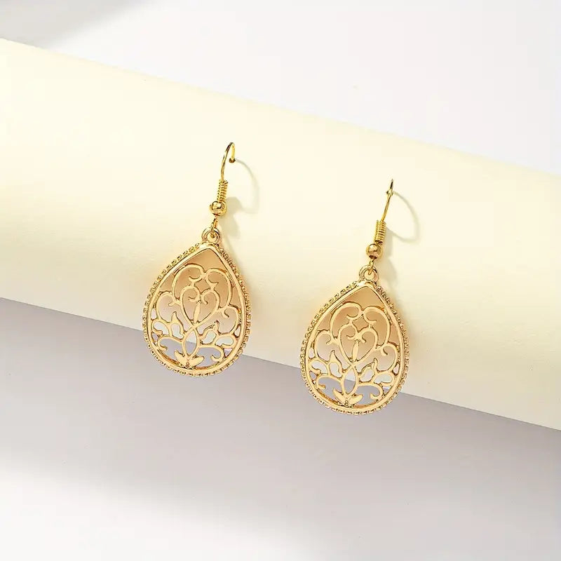 14K Gold Plated Flower Pattern Teardrop Dangle Earrings