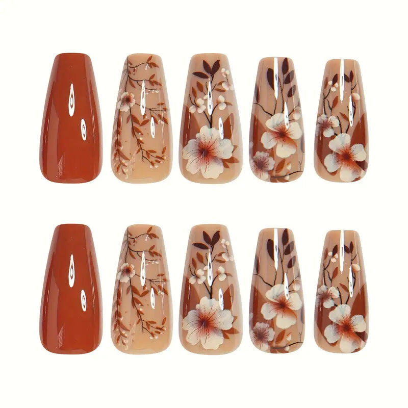 24 Piece Press-On Nail Set - Vintage Brown Floral