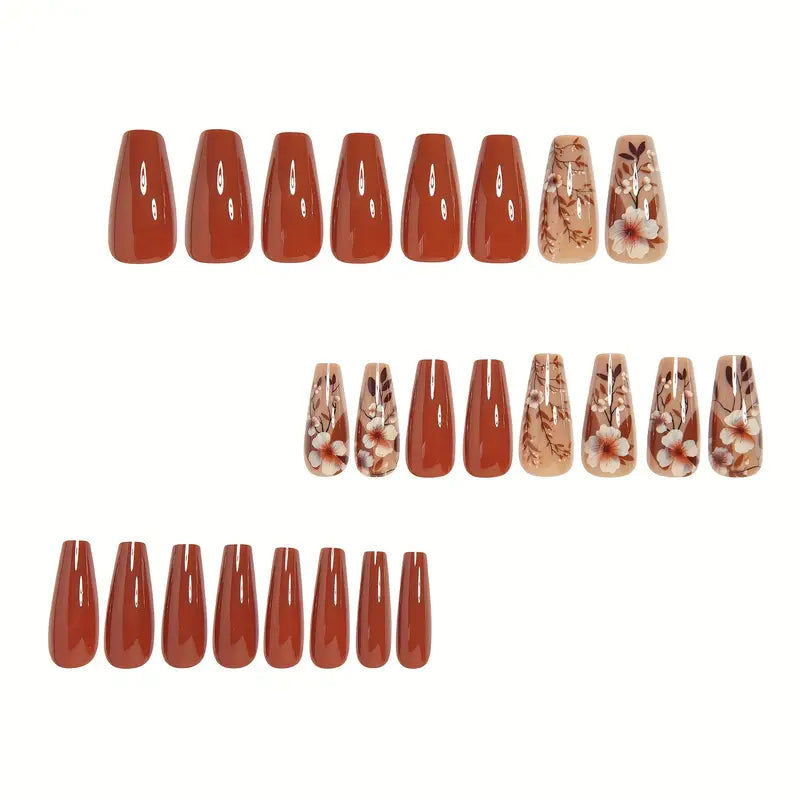 24 Piece Press-On Nail Set - Vintage Brown Floral