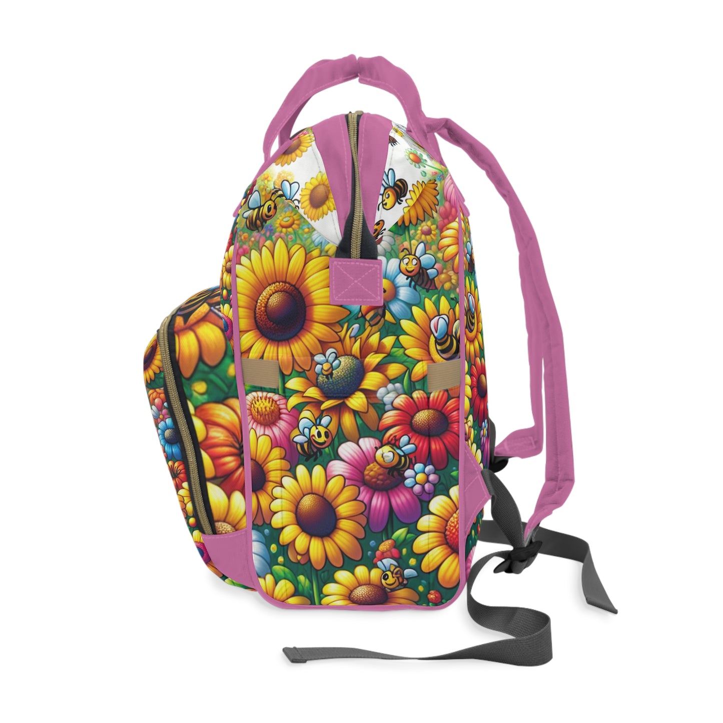 Multifunctional Diaper Backpack - SUNFLOWERS/BEES (pink)