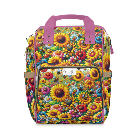 Multifunctional Diaper Backpack - SUNFLOWERS/BEES (pink)