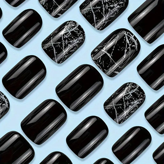 24 Piece Set Short Press-On Nails - Black w/Stripes Pattern