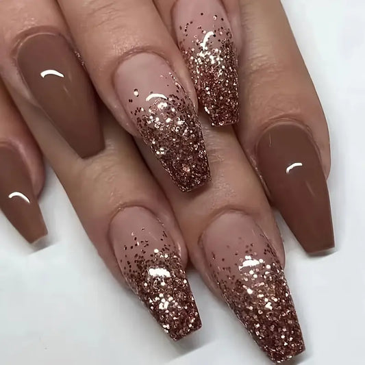 24 Piece Press-On Nail Set - Stunning Brown Sparkle