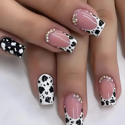 24 Piece Press-On Nail Set - Cow Print with Rhinestones