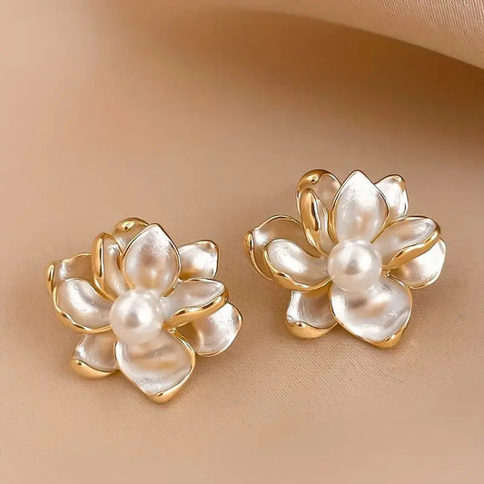 Matte Gold Plated Flower Earrings w/Faux Pear