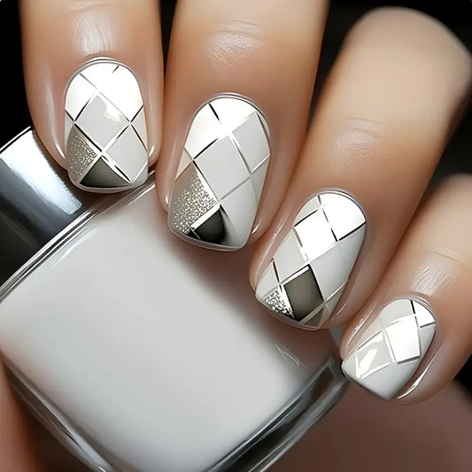 24 Piece Press-On Nail Set - Geometric Silvery Squares