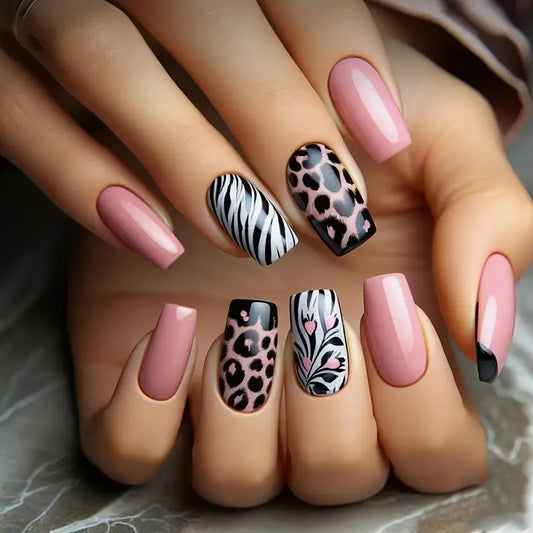 24 Piece Set Press-On Nails - Pink Leopard