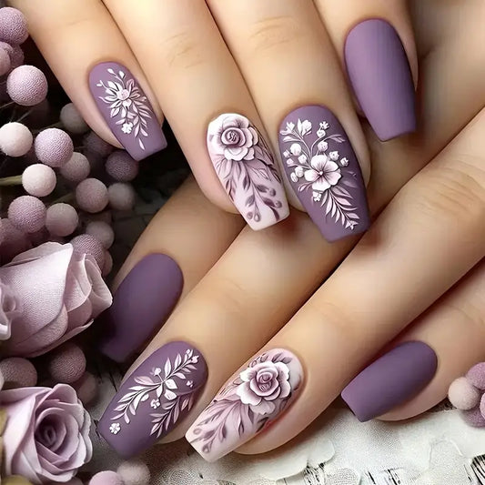 24 Piece Press-On Nail Set - Purple Flowers