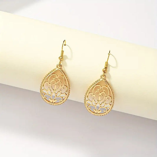 14K Gold Plated Flower Pattern Teardrop Dangle Earrings