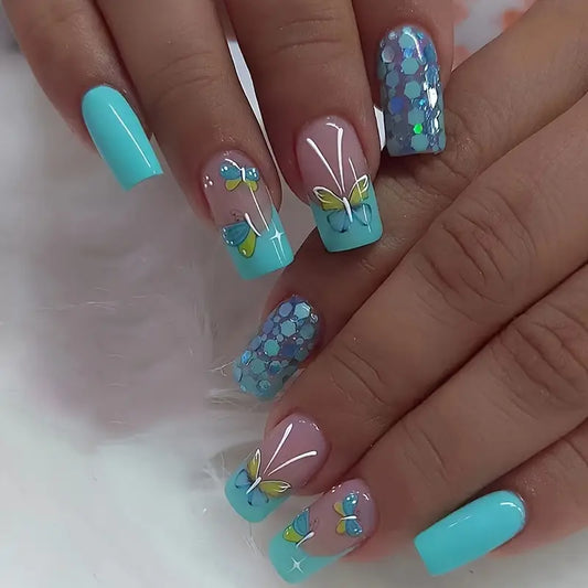24 Piece Press-On Nail Set - Turquoise Butterfly
