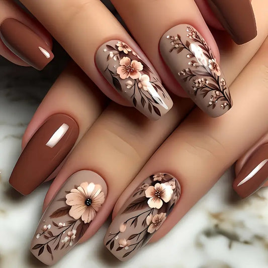 24 Piece Press-On Nail Set - Vintage Brown Floral